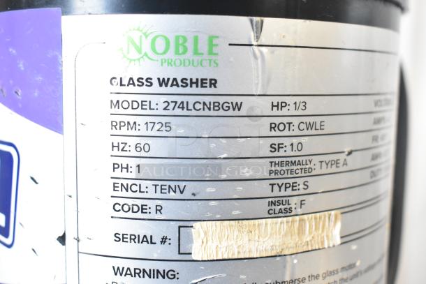 Noble 274LCNBGW Heavy-Duty Electric Glass Washer label, 115 Volts, 1 Phase, model details visible.