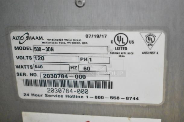 Alto Shaam 500-3DN label showing model, 120V, 640W, serial number 2030784-000, UL listed.