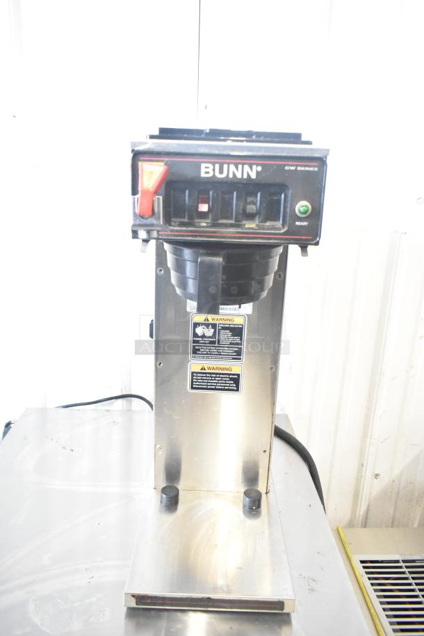 Bunn CWTF35-APS Airpot Brewer, stainless steel, includes gourmet funnel, hot water faucet, visible warning labels.
