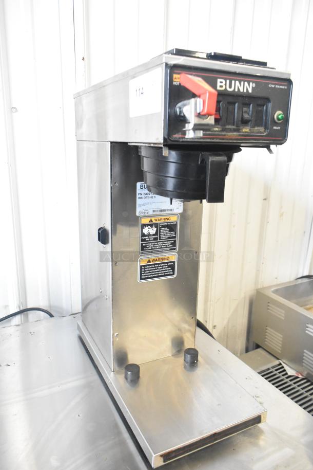 Bunn CWTF35-APS Airpot Brewer with Gourmet Funnel and Hot Water Faucet, stainless steel, visible labels. 120/208-240V, 1 Phase.
