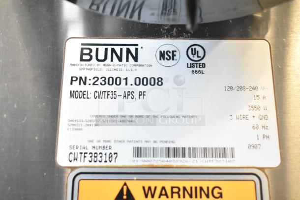 Bunn CWTF35-APS Airpot Brewer label showing model, part number, and voltage specifications. Features NSF and UL listings.