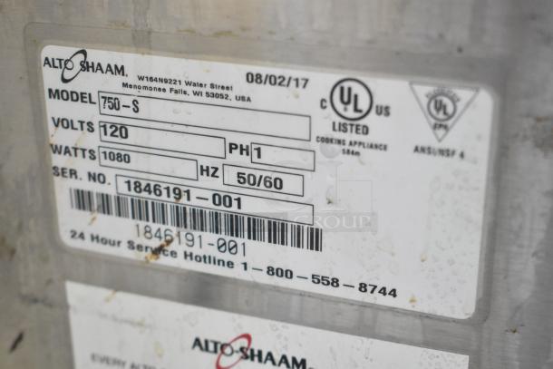 2017 Alto Shaam 750-S Halo Heat Insulated Heated Cabinet label, shows 120V, 1 phase, 1080 watts, UL listed certification.
