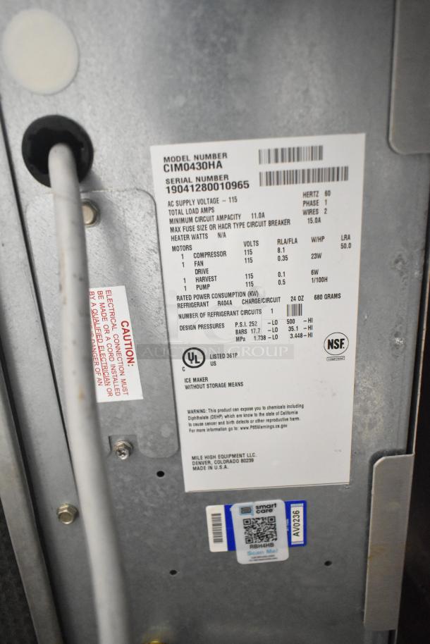 2019 Ice-O-Matic CIM0430HA Ice Machine Head, 115V, 1 Phase, detailed specifications label, UL and NSF certified.