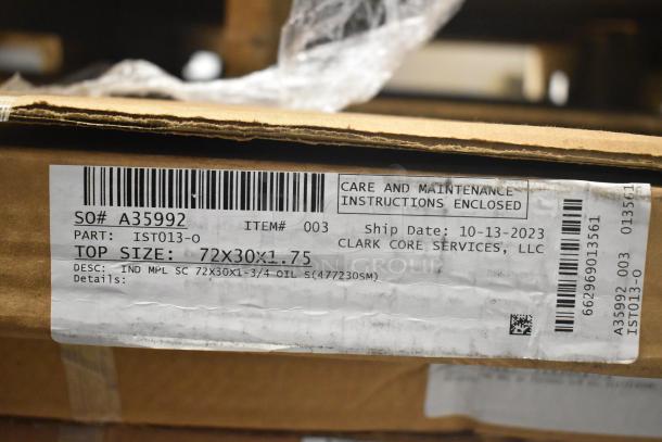 16 brand new Lavex workbench tops, including 30" x 72" and 30" x 48" maple tops. Scratch and dent condition. Tags show size and maintenance details.