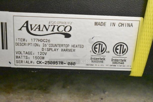 Avantco 177HDC26 26" countertop heated display case label. Features 120V, 1500W, ETL certified. Serial CK-250957R-080. Made in China.