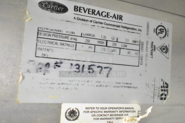 Beverage Air Commercial Sandwich Prep Table label; 115V, 1-phase, R134a refrigerant. Refrigeration specs and safety labels visible.