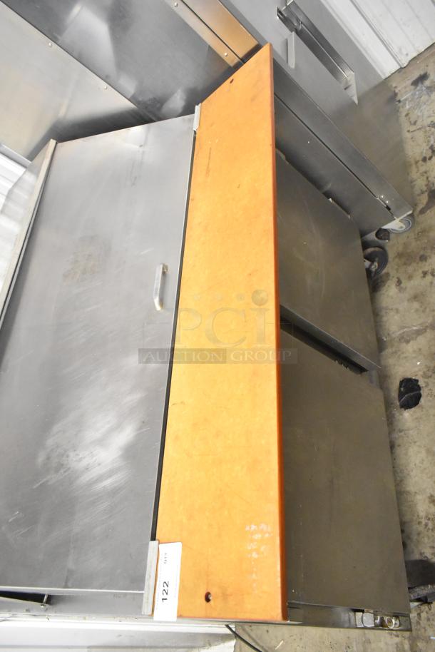 Beverage Air commercial sandwich salad prep table, mega top, stainless steel, on casters, good condition, 115V, 1 phase.