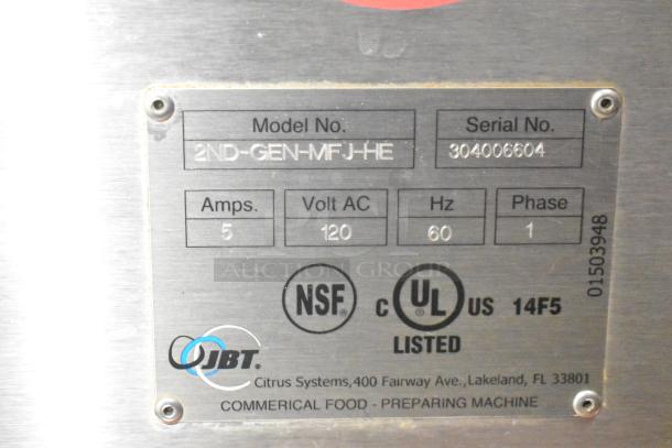 JBT 2ND-GEN-MFJ-HE Citrus Juicer, 115V, 1 Phase; Model and Serial on metal label; NSF and UL listed.