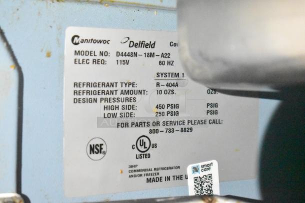 Label for Delfield D4448N-18M-A22 Commercial Sandwich Prep Table, 115V, R-404A refrigerant, UL listed, NSF certified.