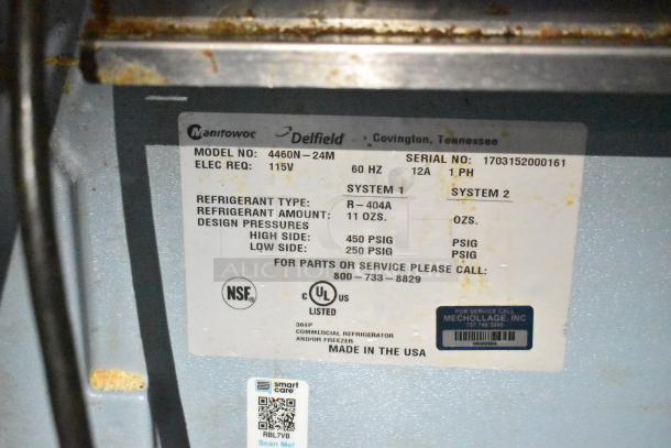 2017 Delfield 4460N-24M Sandwich Prep Table label, model, serial, and specs shown. Missing lid. 115V, 1 phase, R-404A refrigerant.