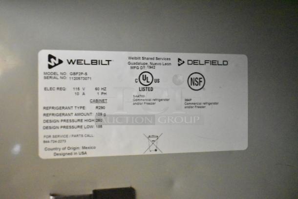 2019 Delfield GBF2P-S Commercial 2 Door Reach-In Freezer label. 115V, 1 phase. UL and NSF listed. Refrigerant: R290.