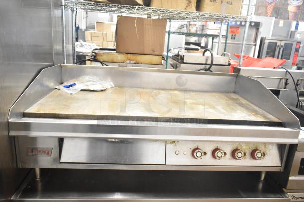 Lang 48T commercial electric flat top griddle with thermostatic controls, 208/240 volts, stainless steel, used condition.