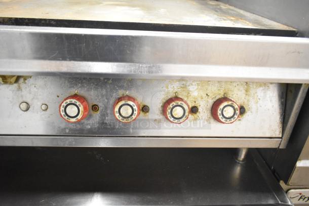 Lang 48T Commercial Electric Griddle, countertop model, thermostatic controls, 208/240V; wear evident on knobs and surface.