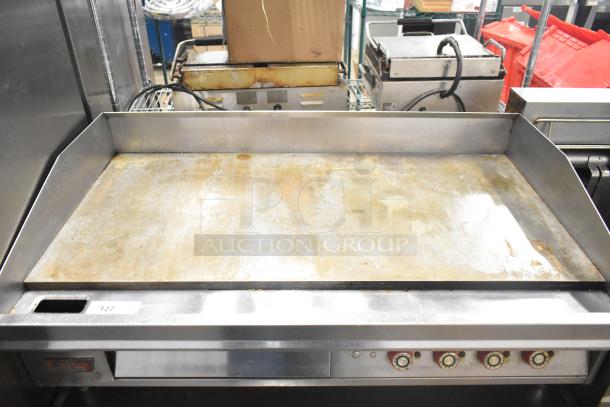 Lang 48T Commercial Electric Griddle, thermostatic controls, 208/240V, slight wear, suitable for countertop use.