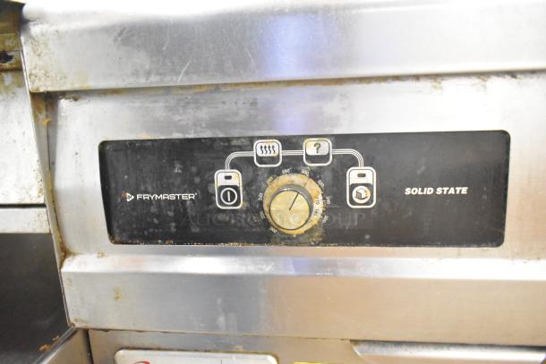 Frymaster 2 Bay Deep Fryer with control panel, showing temperature dial and solid-state controls, in used condition.
