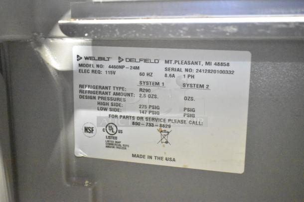 2024 Delfield 4460NP-24M Sandwich Prep Table tag showing model, electrical req. 115V, refrigerant R290, NSF and UL listed.