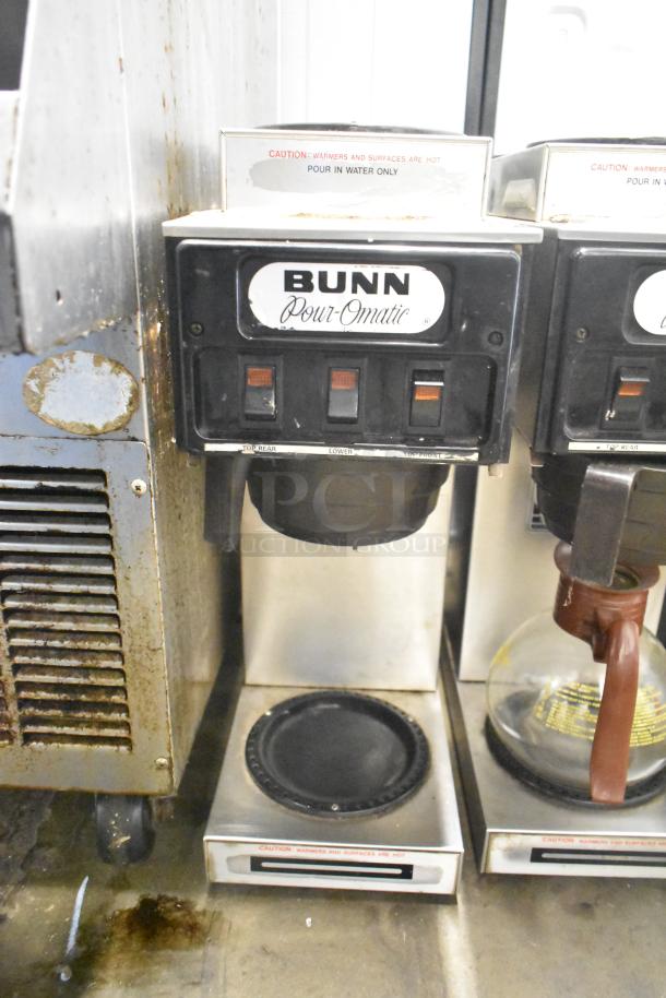 Bunn SP commercial countertop 3 burner coffee machine with visible wear. Features Pour-O-Matic branding and caution labels.
