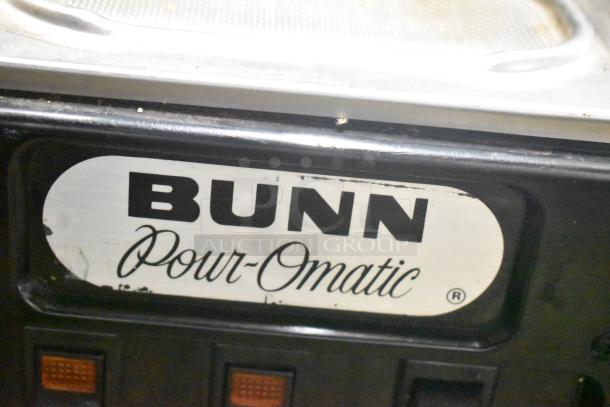 Bunn SP Commercial 3 Burner Coffee Machine, 120V, with Pour-O-Matic logo. Features visible wear on label.