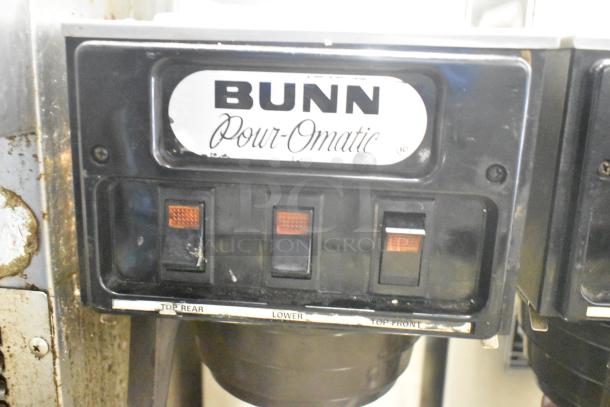 Bunn SP Commercial Pour-O-Matic 3 Burner Coffee Machine, used condition, 120 volts, visible wear on control panel.
