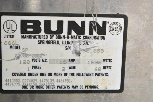 Bunn SP Commercial Countertop 3 Burner Coffee Machine label. 120 volts, 1 phase, 15 amp, 1800 watts. Model SP.