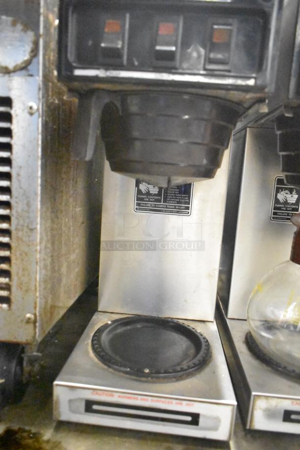 Bunn SP Commercial 3 Burner Coffee Machine, 120V, 1 Phase, used condition. Warning labels visible on stainless steel body.