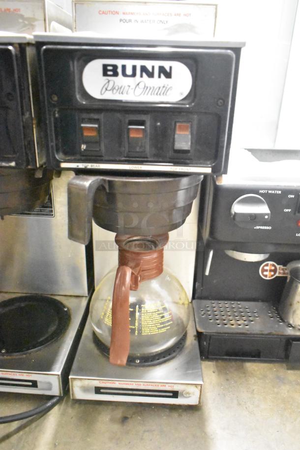 Bunn SP Commercial Countertop 3 Burner Coffee Machine, 120V, 1 Phase. Features visible switches and glass carafe.