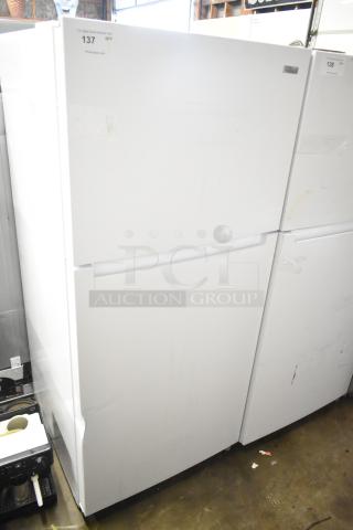 Alt text: "Brand new Vissani MDTF18WHR5 cooler with freezer, model 2025, 115V, 1 phase, visible dents, white exterior."