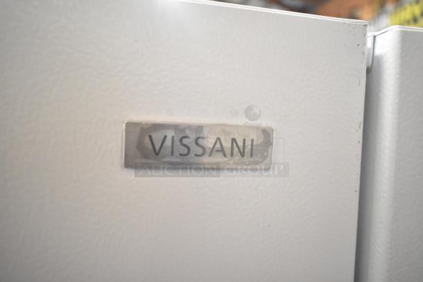 Brand new Vissani MDTF18WHR5 cooler with freezer, 115 volts, 1 phase, showing brand label; scratch and dent condition.
