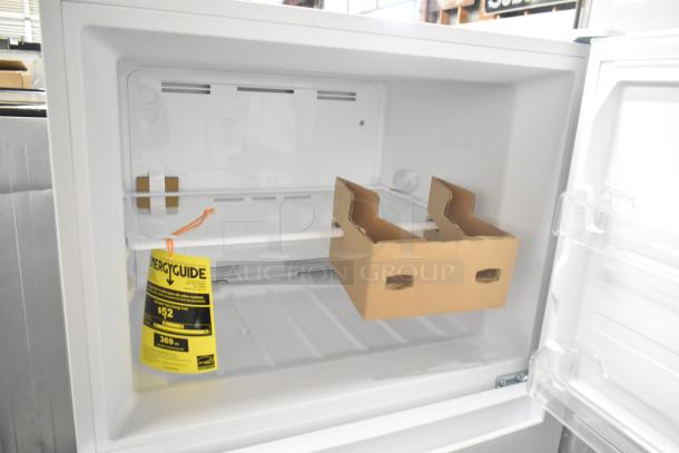 Brand new Vissani MDTF18WHR5 cooler with freezer, showing EnergyGuide tag. Scratch and dent condition, 115V, 1 Phase.