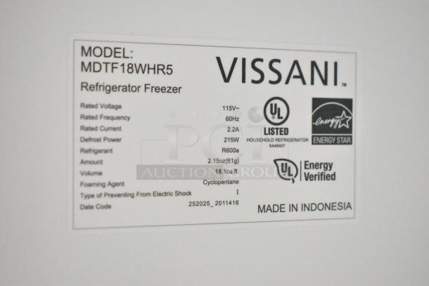 Label on Vissani MDTF18WHR5 Cooler/Freezer shows specs: 115V, 60Hz, 2.2A, R600a refrigerant, 18.1 cu.ft. Made in Indonesia.