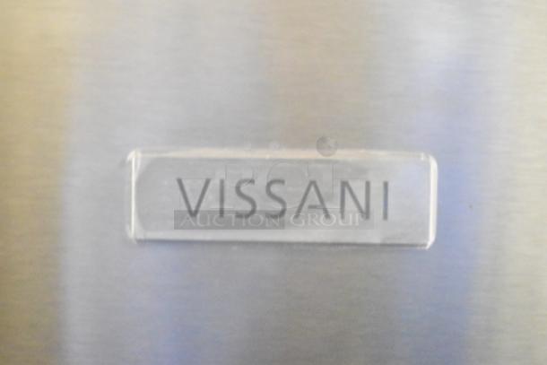 Vissani MDBF18SS cooler label, brand-new, with scratch and dent, showing Vissani logo on stainless steel surface.