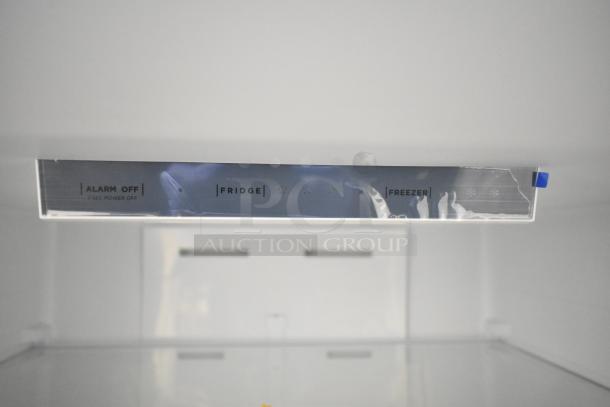 Brand new Vissani MDBF18SS cooler with freezer drawer, 115V, shows control panel with settings for alarm, fridge, freezer.