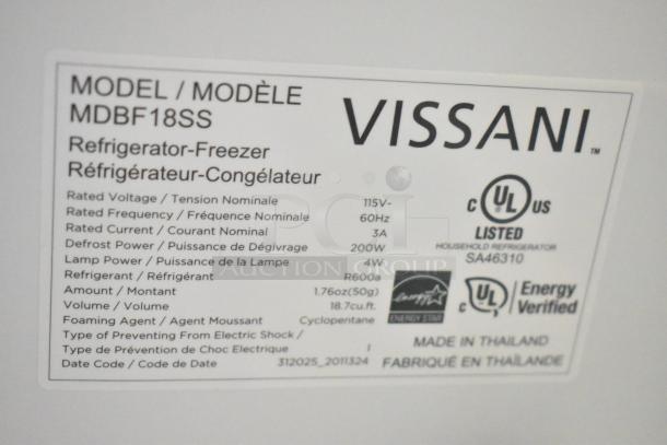 Label on Vissani MDBF18SS cooler, showing model details; 115 volts, 60Hz, Energy Star certified, made in Thailand.