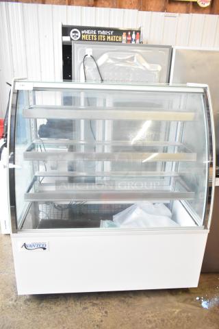 Avantco 193BCTD48W white 48" curved glass bakery display case, 3-shelf, LED lighting, new with minor scratches, 110-120V.