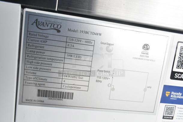 Avantco 193BCTD48W 48" white dry bakery display case label, showing power specs, model details, and barcode.