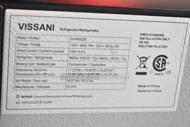BRAND NEW 2025 Vissani HVAR32SE Mini Cooler, 115 Volts, 1 Phase. Scratch and dent condition. Dimensions: 17.32"W x 19.09"D x 33.22"H. Refrigerant: R600a. Made in China.