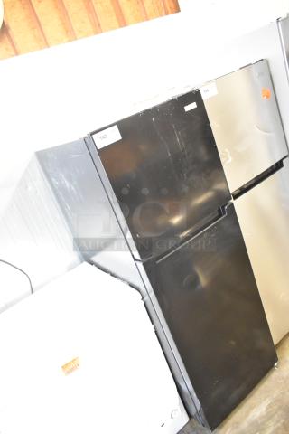 Brand new Vissani MDTF10BKES4 reach-in cooler with freezer. Minor scratches, 115 volts, 1 phase. Model label visible.