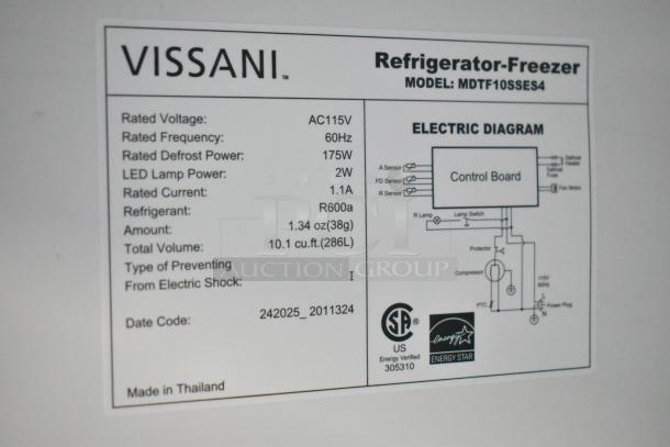 Label of Vissani MDTF10SSES4 refrigerator-freezer, showing specs: 115V, 60Hz, 10.1 cu.ft., Energy Star certified, made in Thailand.