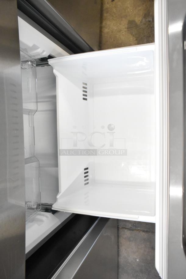 Brand new Vissani MDBF18SS reach-in cooler with drawer freezer. 115 volts, 1 phase. Interior view showing spacious design.