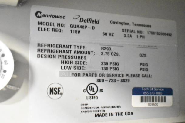 Label of the 2017 Delfield GUR48P-D Commercial 4 Drawer Cooler. Model: GUR48P-D, 115V, R290 refrigerant, NSF certified.