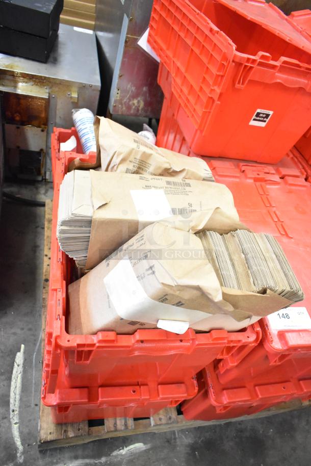 13 red poly bins filled with napkins, cups, utensils, drop-ins; assorted contents; visible item labels and tags.