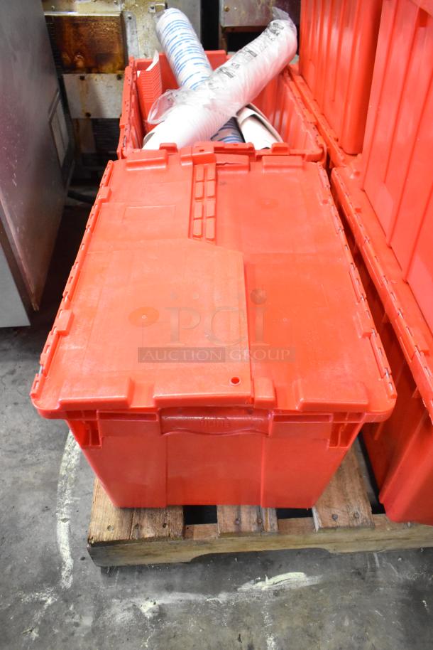 13 red poly bins with napkins, cups, utensils inside. Includes dedicated holding bin drop-ins. Multiply bid by 13.