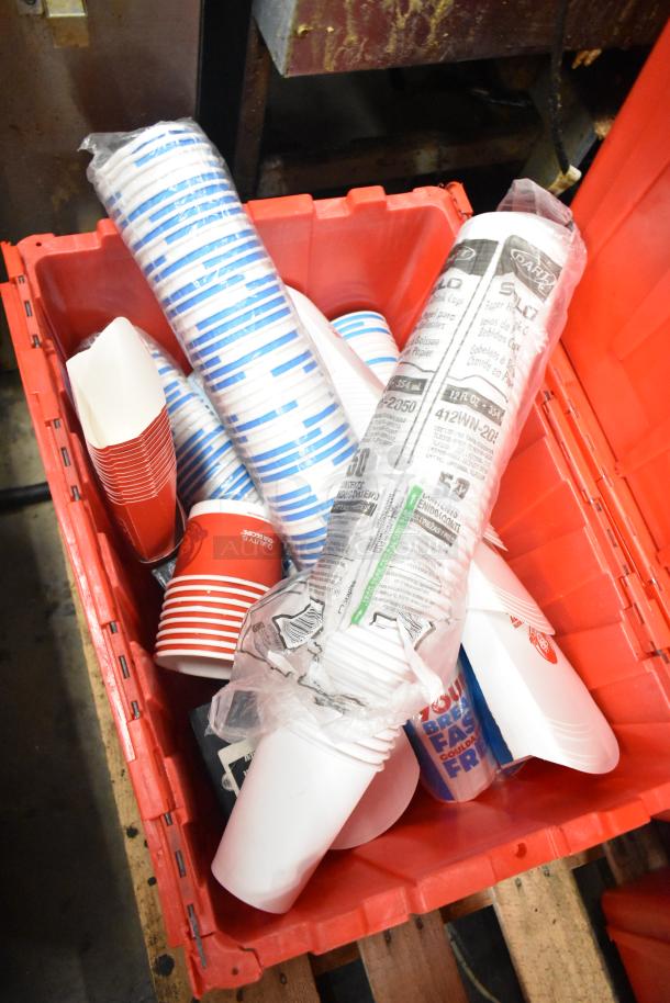 Red poly bin with assorted cups and utensils, includes napkins, dedicated holding bin drop-ins. 13 bins total.