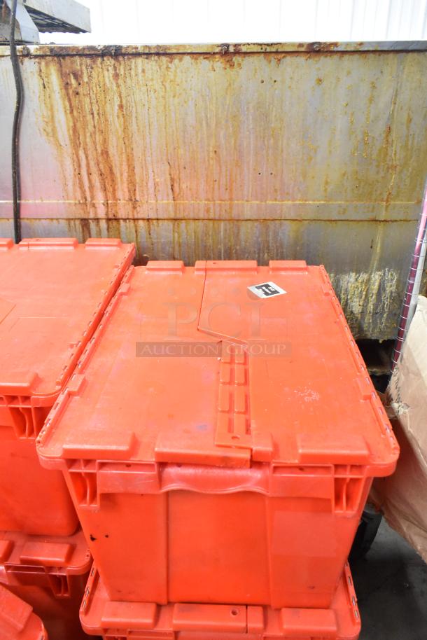 13 red poly bins containing napkins, drop-in bins, cups, and utensils for auction. Sturdy, stackable design.