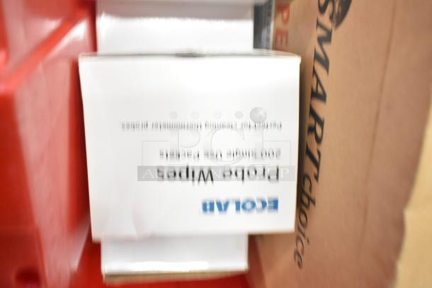 13 red poly bins with contents like napkins, drop ins, cups, utensils; branded boxes visible. Auction lot: 13 times bid.