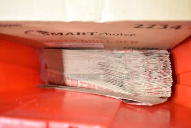 13 red poly bins containing napkins, holding bin drop-ins, cups, and utensils. Includes SMART Choice label.