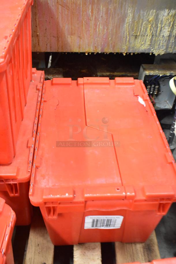 Red poly bin with lid, used condition, containing napkins, cups, utensils. Sold as 13-piece lot. Barcode label present.