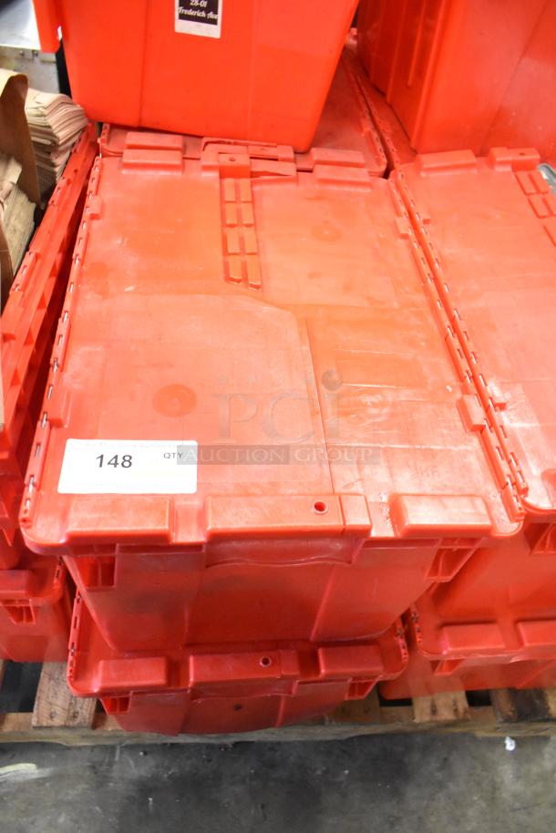 13 red poly bins stacked with contents, including napkins, cups, utensils. Each bin is labeled "148 QTY."