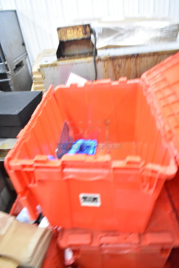 13 red poly bins with contents including napkins, holding bin drop-ins, cups, and utensils. Multiples available.