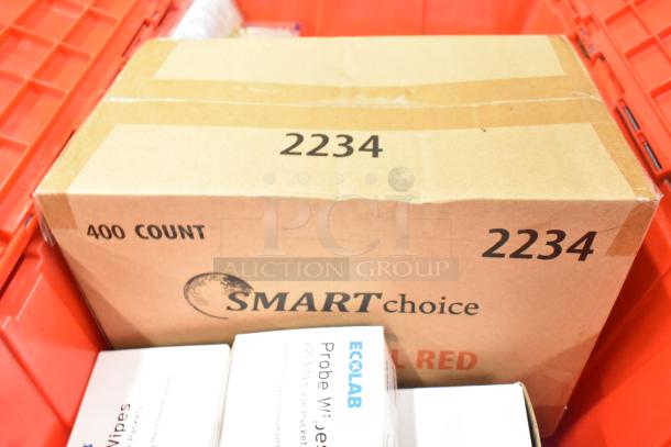 13 red poly bins filled with items including napkins, cups, and utensils. Includes Smart Choice 400-count boxes, Ecolab Probe Wipes.